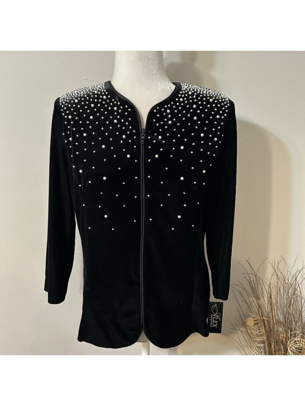 NWT Alex Evenings Black Velvet Full Zip Blazer Embellished Studs 3/4 Sleeve Sz S